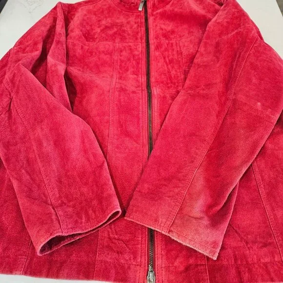 Chicos Red Suede Leather Jacket Size 2 Large Double Zip Flaw Work Jacket Lined - Picture 3 of 10